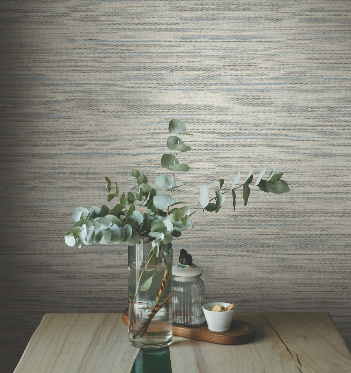Fountain Grass Blue Faux Grasscloth Prepasted Wallpaper - York GO8302