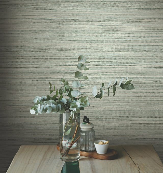Fountain Grass Jade Faux Grasscloth Textured Prepasted Wallpaper - York GO8303