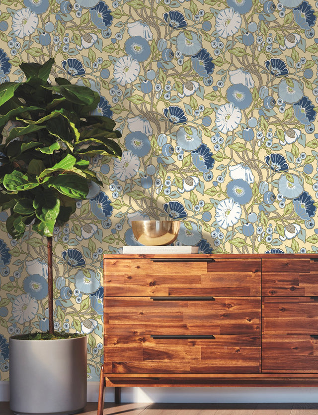 Vincent Poppies Sunflower Wallpaper with Floral Sure Strip Pattern - York GO8311