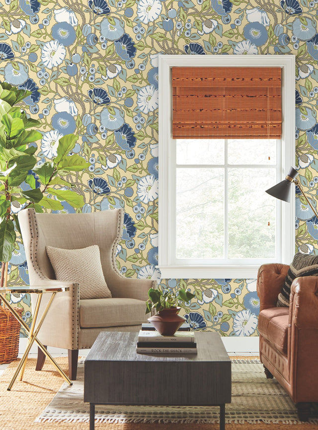 Vincent Poppies Sunflower Wallpaper with Floral Sure Strip Pattern - York GO8311
