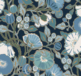 Poppies Black & Blue Metallic Wallpaper with Floral Sure Strip Design - York GO8312