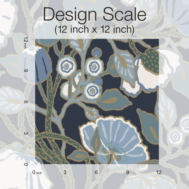 Poppies Black & Blue Metallic Wallpaper with Floral Sure Strip Design - York GO8312