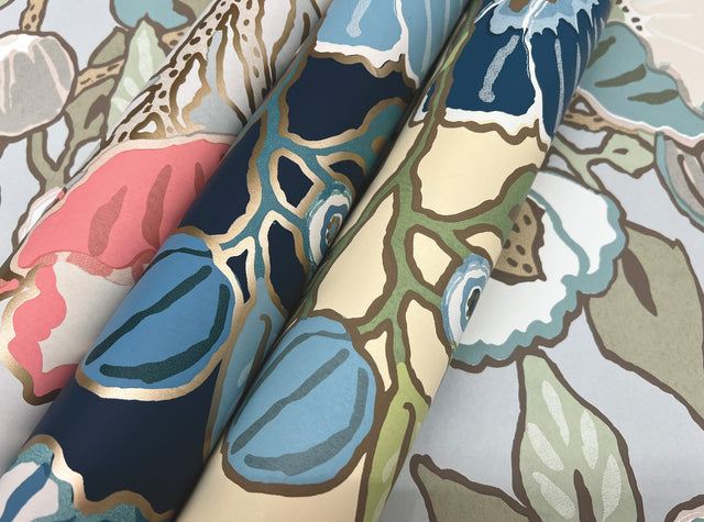 Poppies Black & Blue Metallic Wallpaper with Floral Sure Strip Design - York GO8312