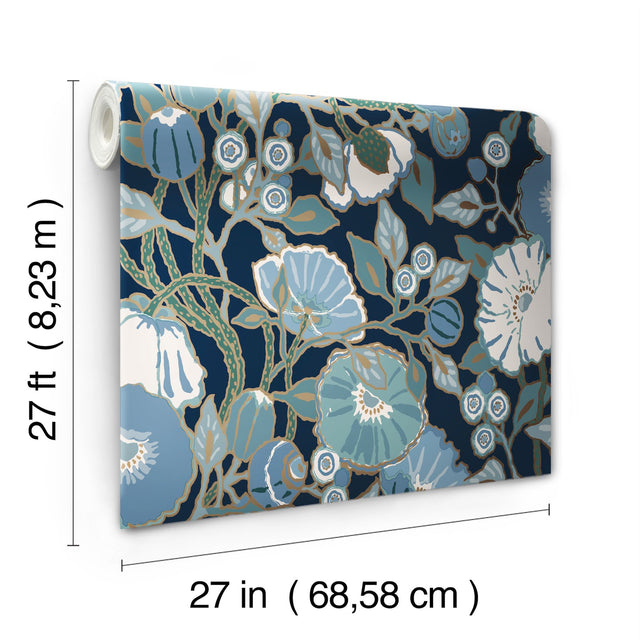 Poppies Black & Blue Metallic Wallpaper with Floral Sure Strip Design - York GO8312