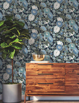 Poppies Black & Blue Metallic Wallpaper with Floral Sure Strip Design - York GO8312