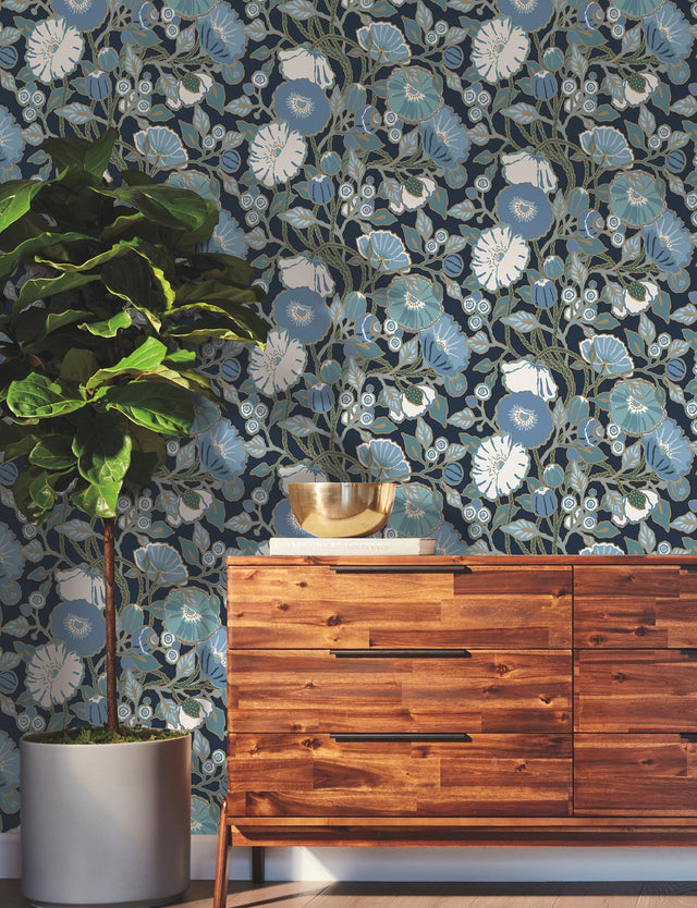 Poppies Black & Blue Metallic Wallpaper with Floral Sure Strip Design - York GO8312