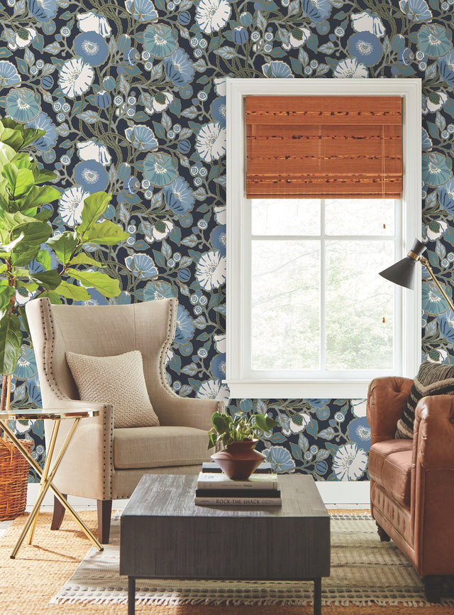 Poppies Black & Blue Metallic Wallpaper with Floral Sure Strip Design - York GO8312