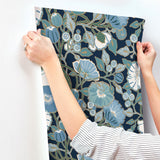Poppies Black & Blue Metallic Wallpaper with Floral Sure Strip Design - York GO8312