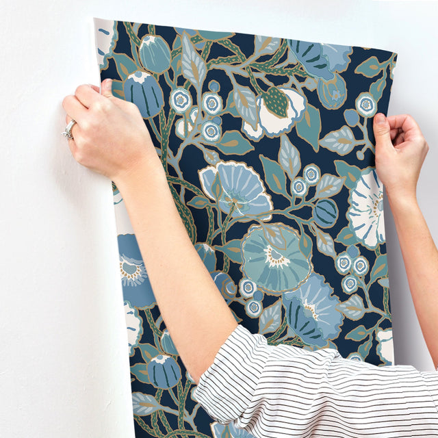 Poppies Black & Blue Metallic Wallpaper with Floral Sure Strip Design - York GO8312