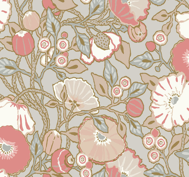 Poppies Grey & Pink Metallic Wallpaper with Floral Vine Motif, Sure Strip - York GO8314
