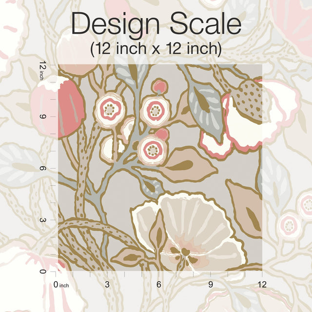 Poppies Grey & Pink Metallic Wallpaper with Floral Vine Motif, Sure Strip - York GO8314