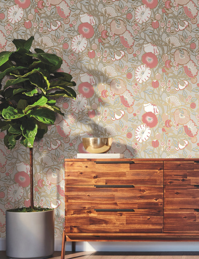 Poppies Grey & Pink Metallic Wallpaper with Floral Vine Motif, Sure Strip - York GO8314
