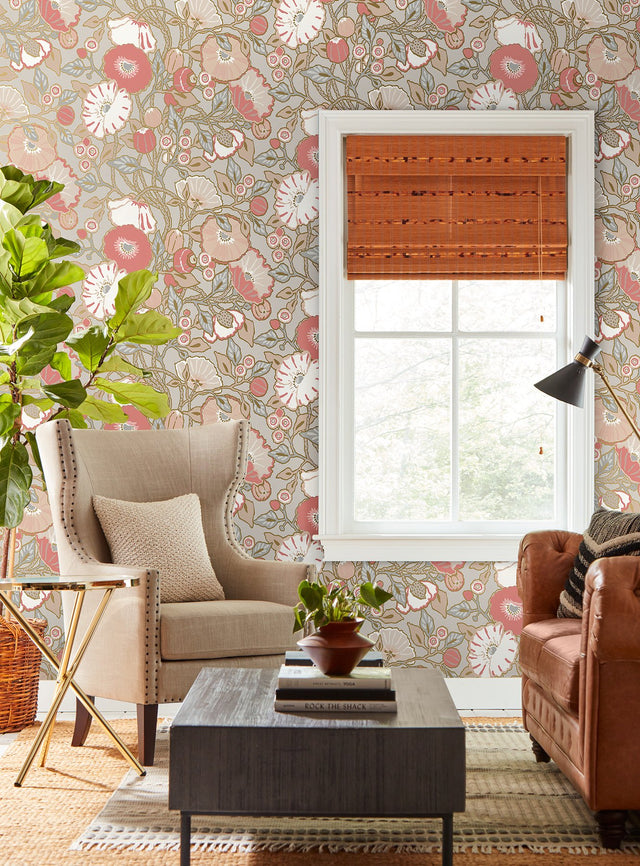 Poppies Grey & Pink Metallic Wallpaper with Floral Vine Motif, Sure Strip - York GO8314