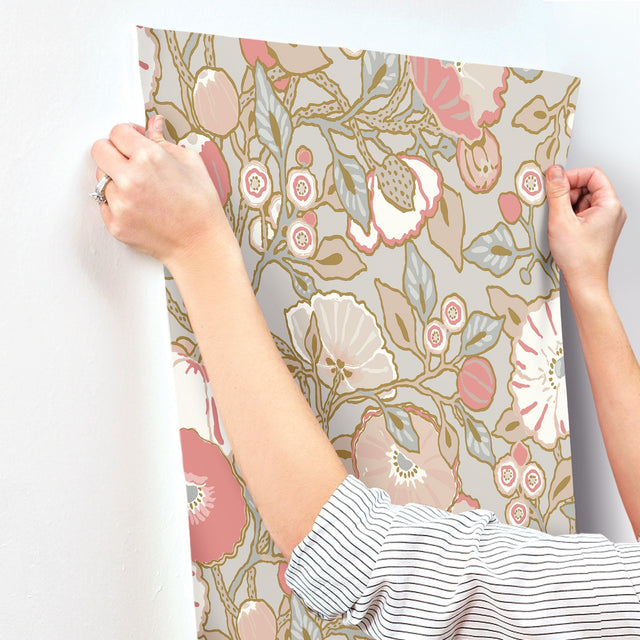 Poppies Grey & Pink Metallic Wallpaper with Floral Vine Motif, Sure Strip - York GO8314