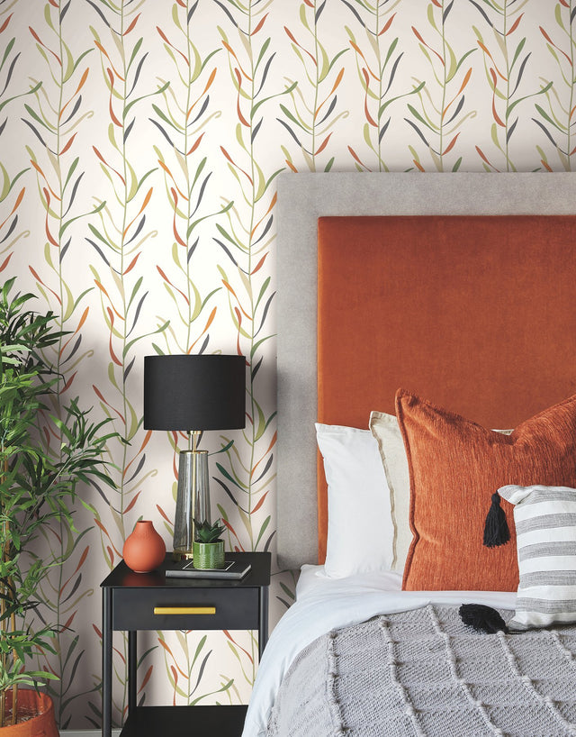 Chloe Vine Sienna Botanical Prepasted Wallpaper with Stylized Leaf Stripes - York GO8321
