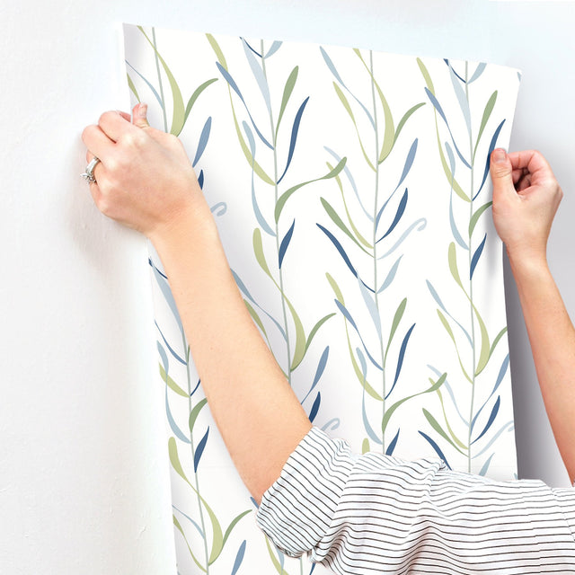 Chloe Vine Peacock Wallpaper with Botanical Stripe Motif - York GO8323