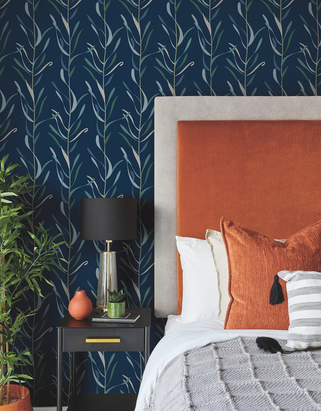 Chloe Vine Indigo Wallpaper with Botanical Vine Motif - York GO8324