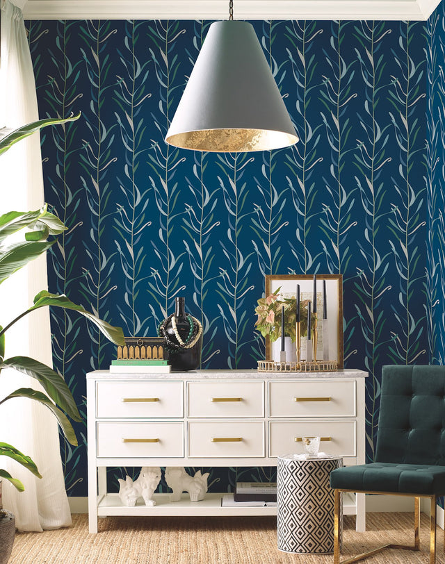 Chloe Vine Indigo Wallpaper with Botanical Vine Motif - York GO8324