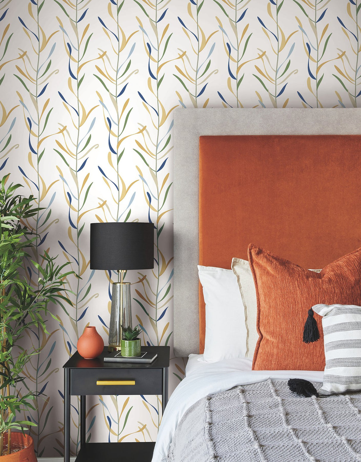 Chloe Vine Ochre Wallpaper with Striped Botanical Vine Motif - York GO8325