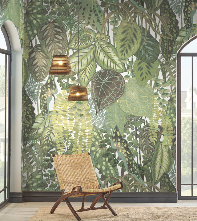 Greenery Cotton Green Wall Mural with Tropical Botanical Leaf Pattern - York GO8332M
