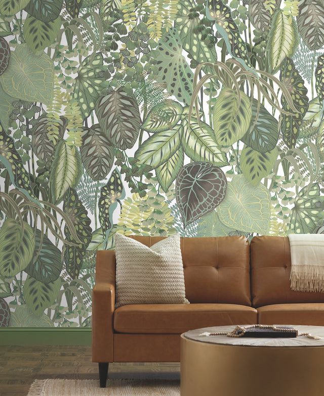 Greenery Cotton Green Wall Mural with Tropical Botanical Leaf Pattern - York GO8332M