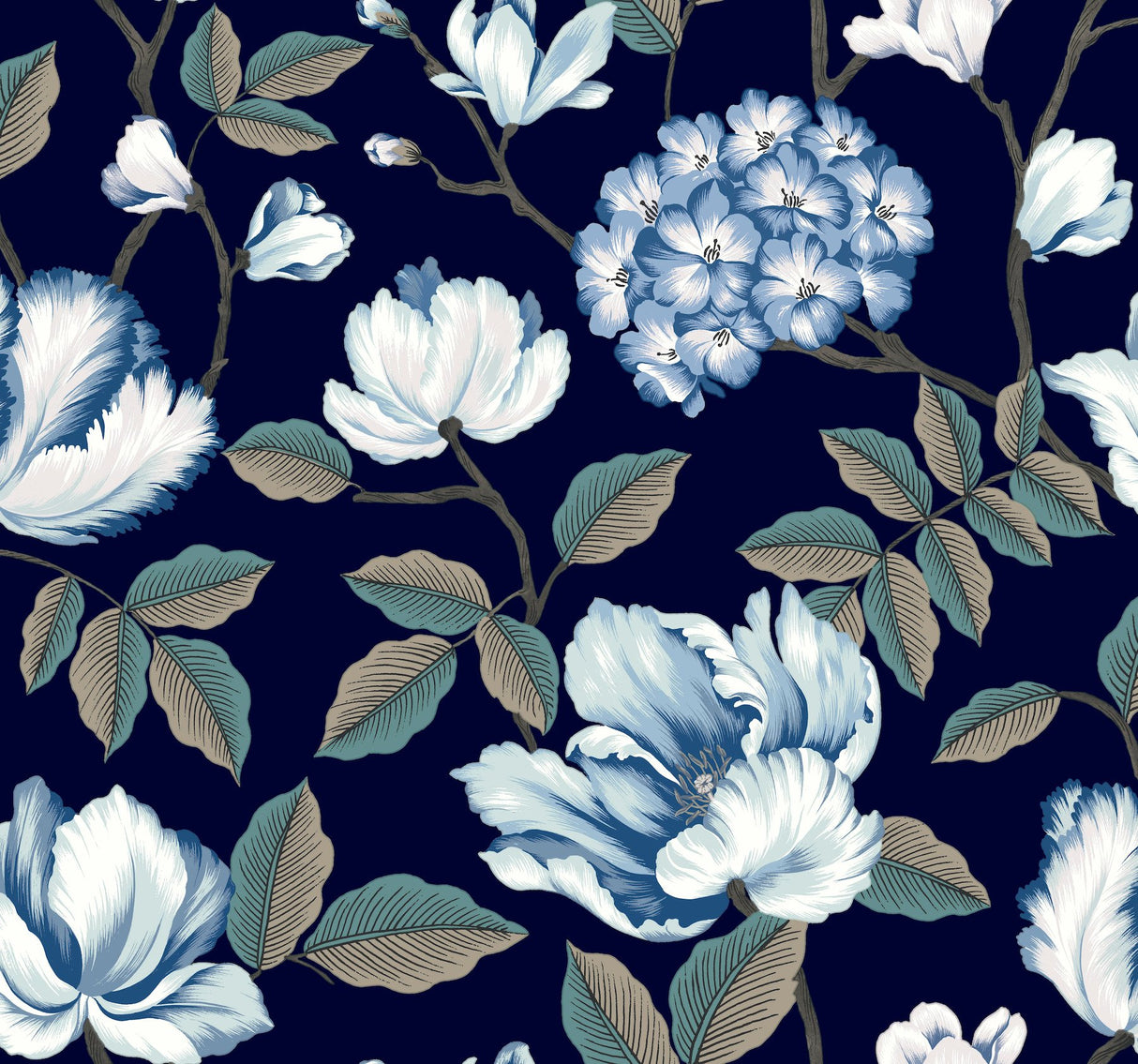 Morning Garden Navy Wallpaper with Grandmillennial Floral Pattern, Sure Strip Prepasted - York GR5902