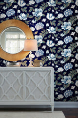 Morning Garden Navy Wallpaper with Grandmillennial Floral Pattern, Sure Strip Prepasted - York GR5902