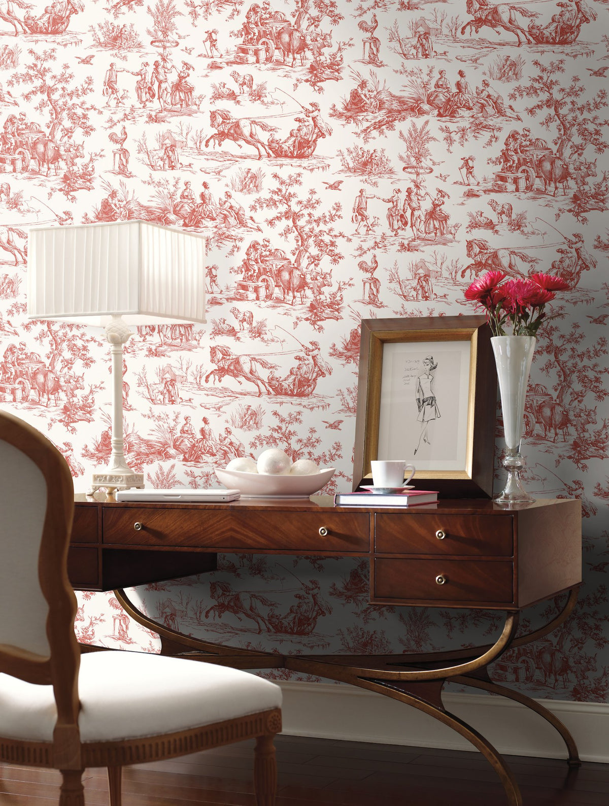 Seasons Toile Scarlet Wallpaper with Traditional Toile Pattern - York ...