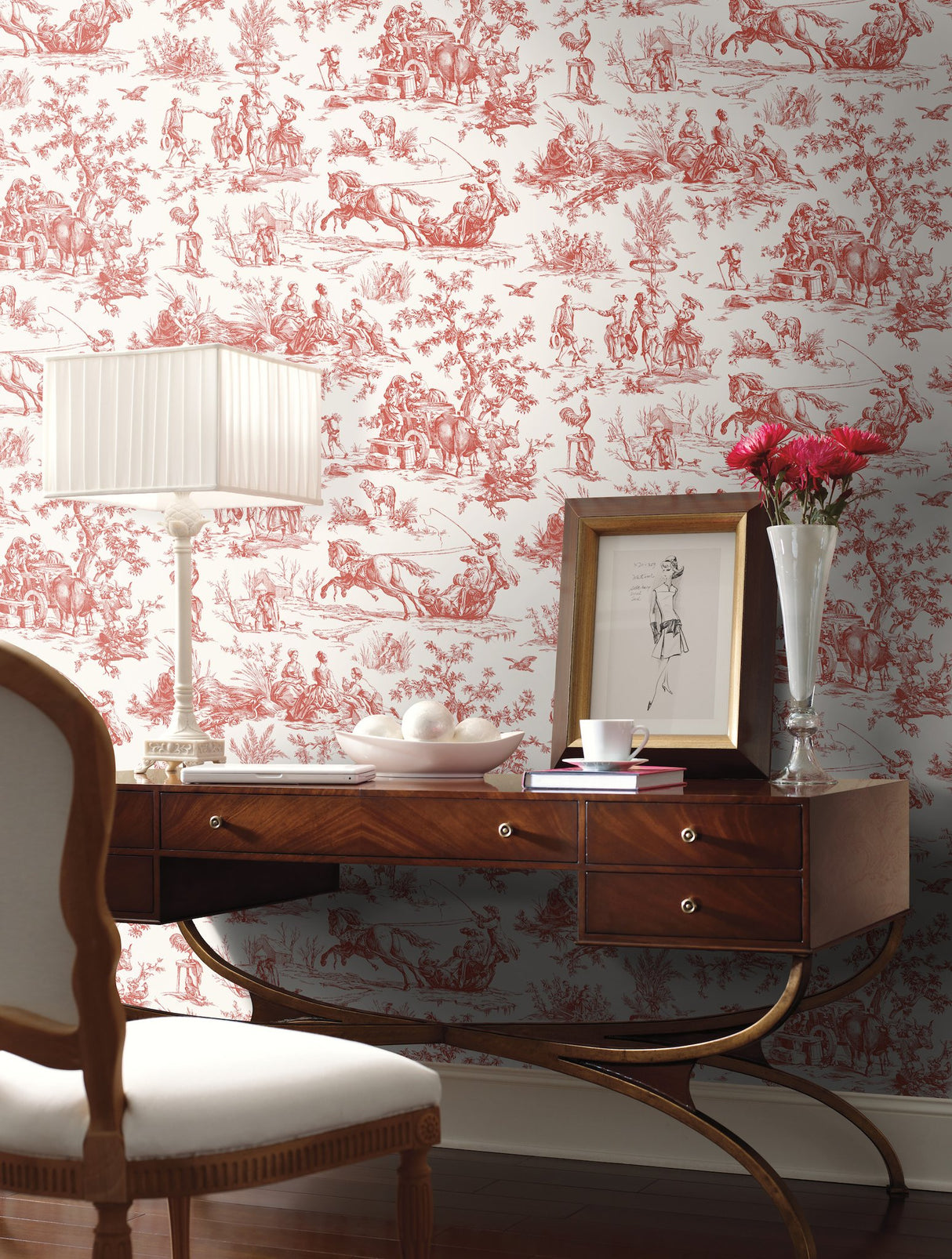 Seasons Toile Scarlet Wallpaper with Traditional Toile Pattern - York GR5925
