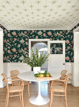 Fanciful Dark Green Wallpaper with Bird & Blossom Trail Pattern - York GR5931