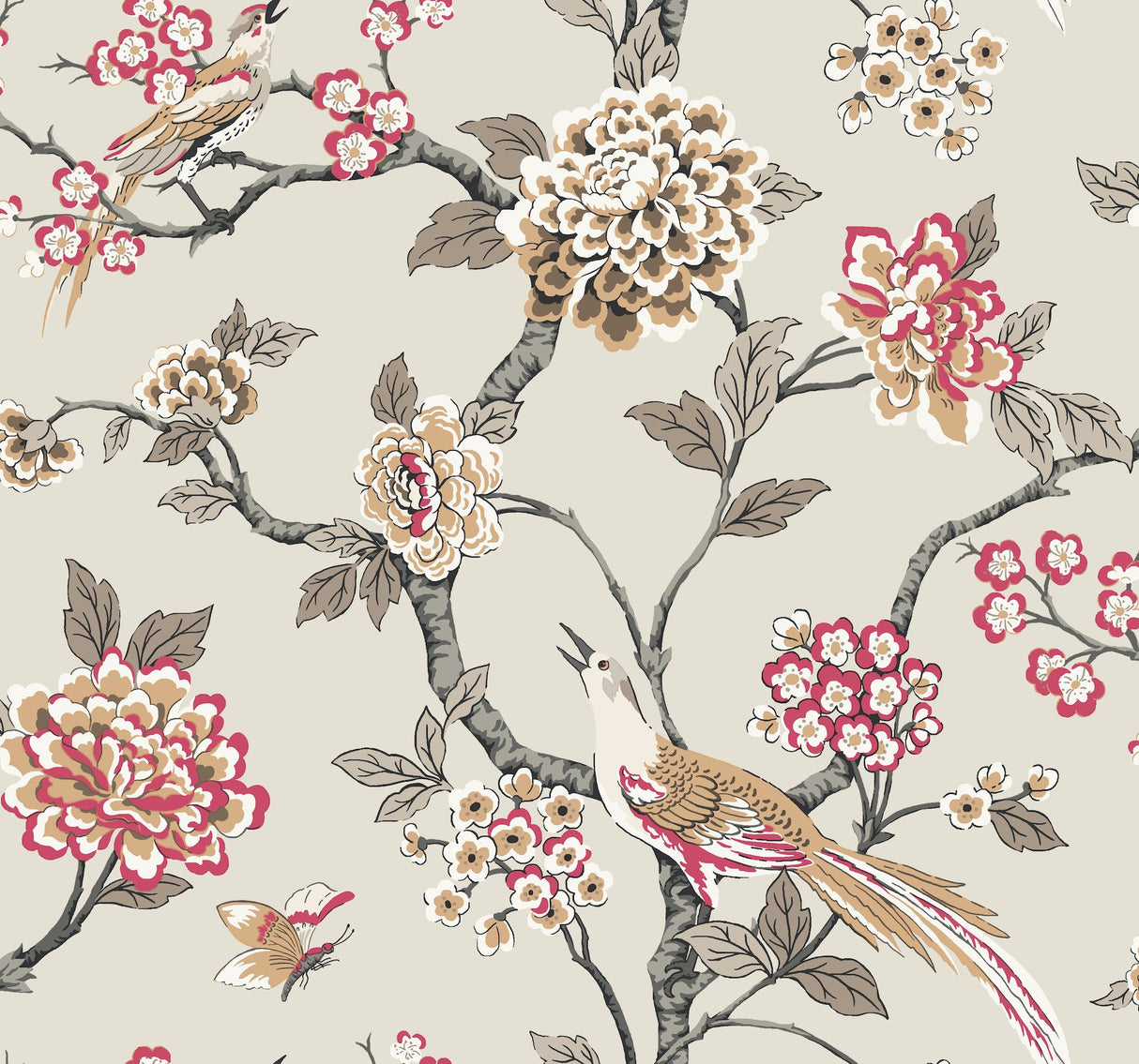 Fanciful Beige Wallpaper with Birds and Blossoms Trail Prepasted Sure Strip - York GR5932