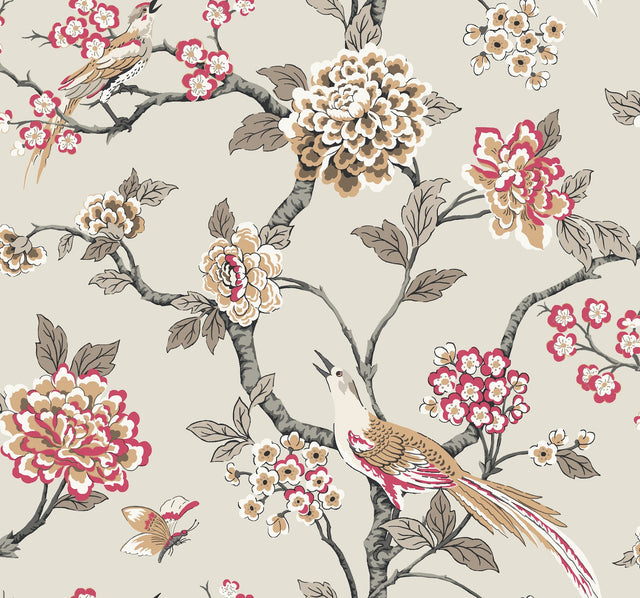 Fanciful Beige Wallpaper with Birds and Blossoms Trail Prepasted Sure Strip - York GR5932