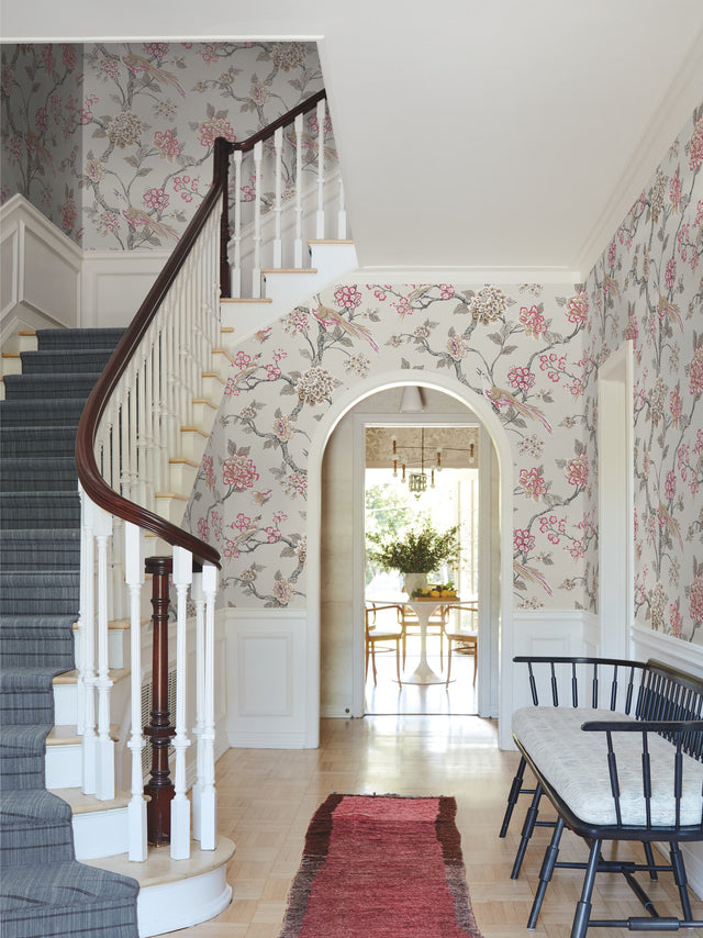 Fanciful Beige Wallpaper with Birds and Blossoms Trail Prepasted Sure Strip - York GR5932
