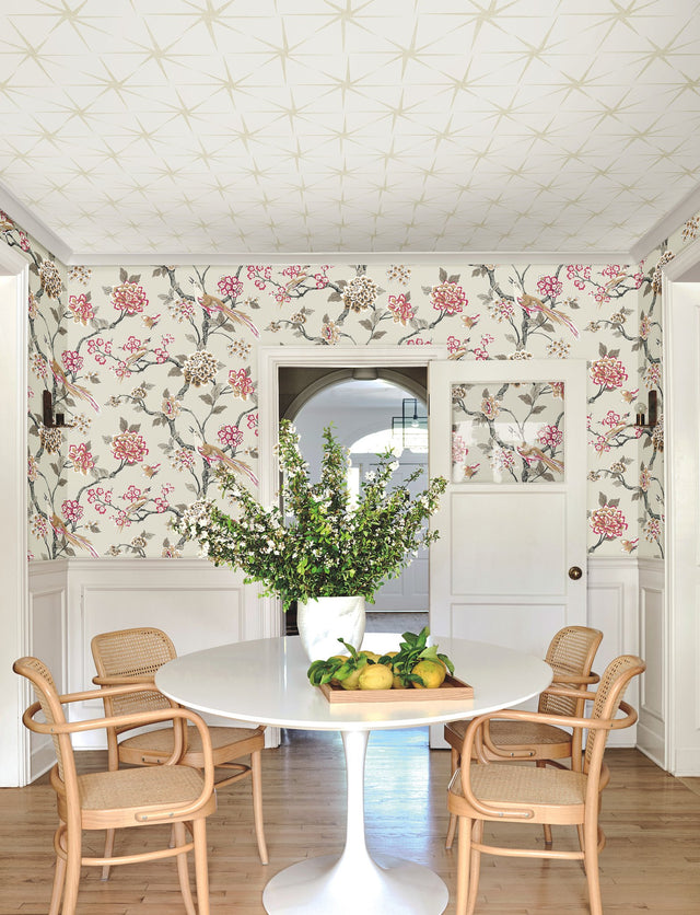 Fanciful Beige Wallpaper with Birds and Blossoms Trail Prepasted Sure Strip - York GR5932