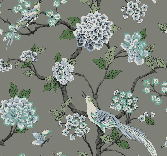 Fanciful Grey Wallpaper with Birds and Floral Chinoiserie Motif - York GR5933