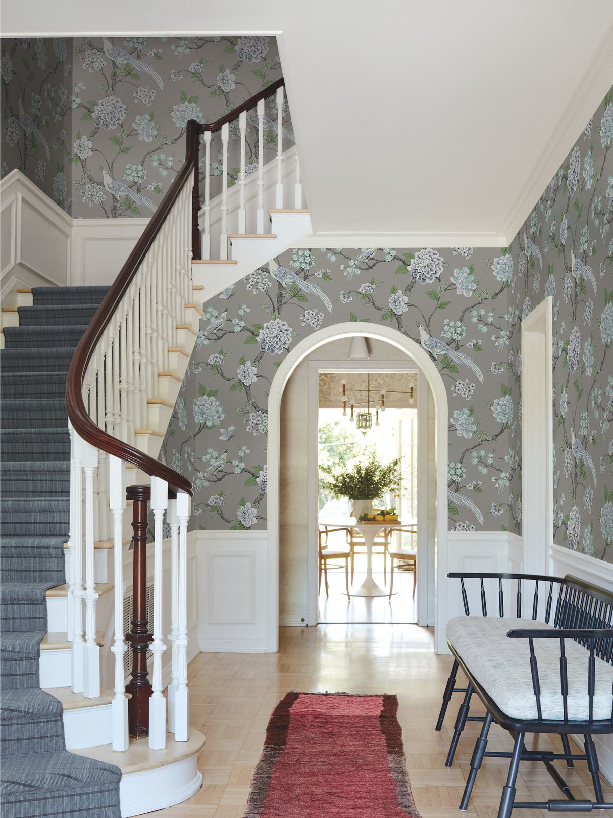 Fanciful Grey Wallpaper with Birds and Floral Chinoiserie Motif - York GR5933