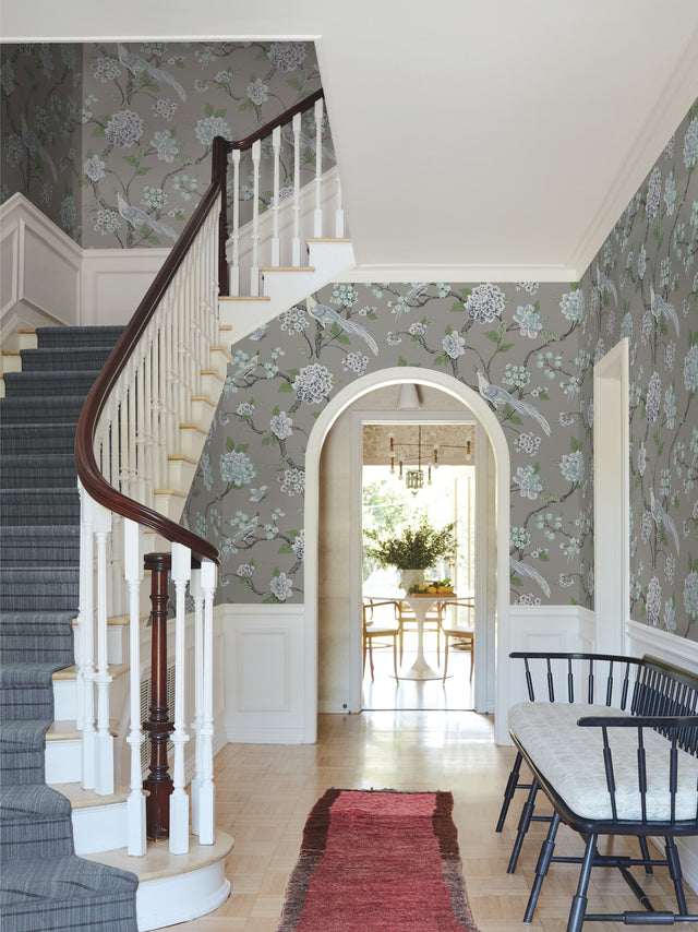 Fanciful Grey Wallpaper with Birds and Floral Chinoiserie Motif - York GR5933