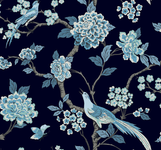 Fanciful Navy Wallpaper with Birds and Floral Grandmillennial Sure Strip - York GR5934