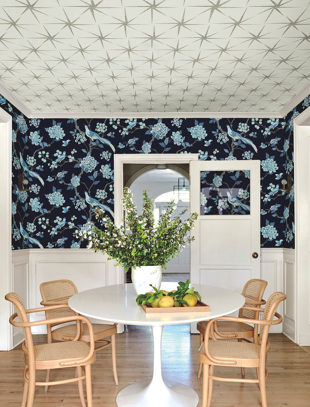Fanciful Navy Wallpaper with Birds and Floral Grandmillennial Sure Strip - York GR5934