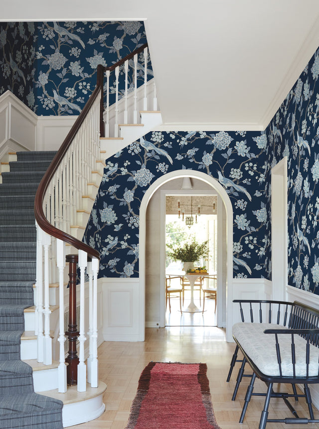 Fanciful Navy Wallpaper with Birds and Floral Grandmillennial Sure Strip - York GR5934