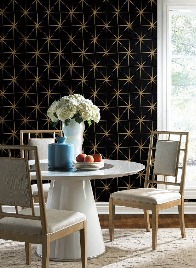 Evening Star Black Wallpaper with Metallic Starburst Geometric - York GR5941