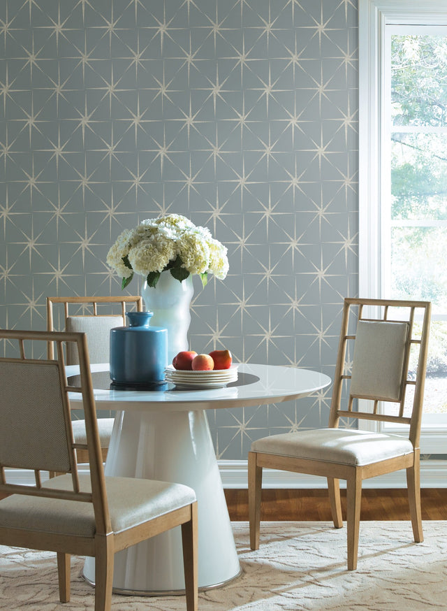 Evening Star Blue Geometric Wallpaper with Metallic Starburst Motif - York GR5945