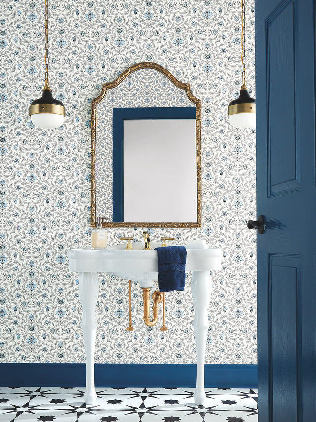 Vintage Blooms Blue Wallpaper with Floral Grandmillennial Style - York GR5981