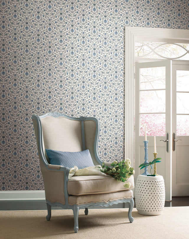 Vintage Blooms Blue Wallpaper with Floral Grandmillennial Style - York GR5981
