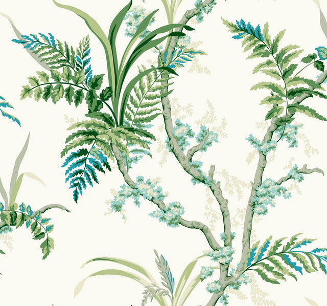 Enchanted Fern Blue & Green Wallpaper with Botanical Fern Pattern, Sure Strip Modern Style - York GR5991