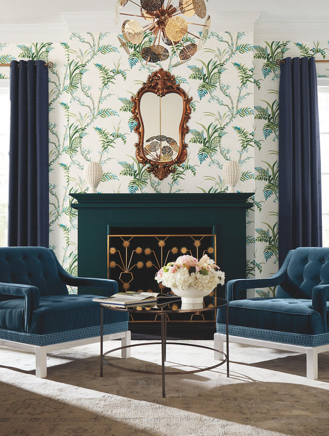 Enchanted Fern Blue & Green Wallpaper with Botanical Fern Pattern, Sure Strip Modern Style - York GR5991