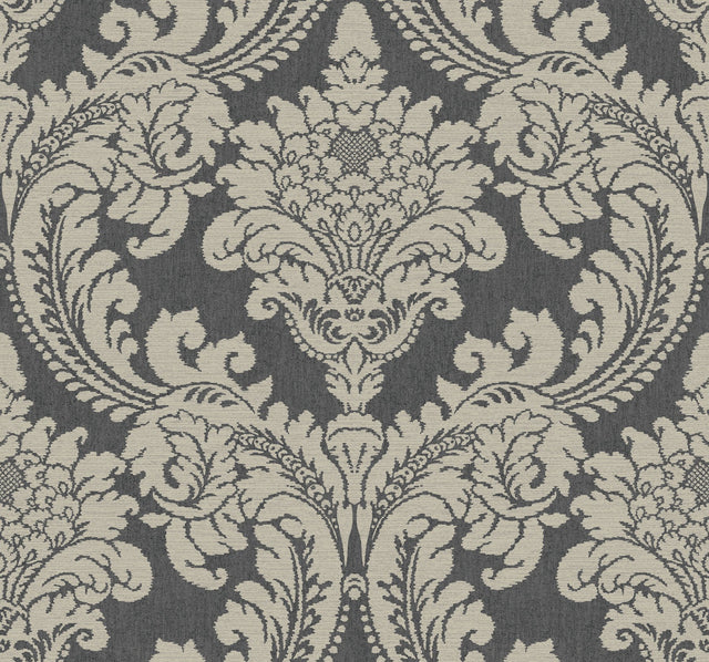 Tapestry Damask Dark Grey Wallpaper with Classic Acanthus Medallion Motif - York GR6022