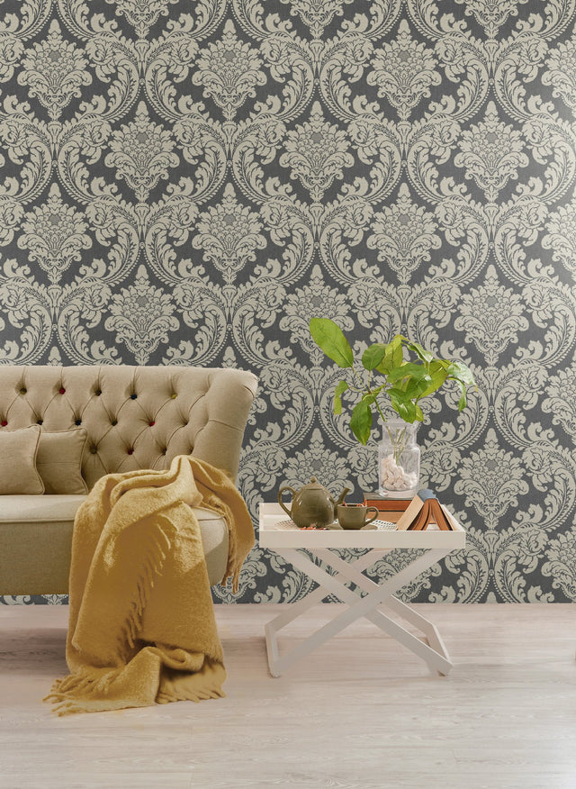 Tapestry Damask Dark Grey Wallpaper with Classic Acanthus Medallion Motif - York GR6022