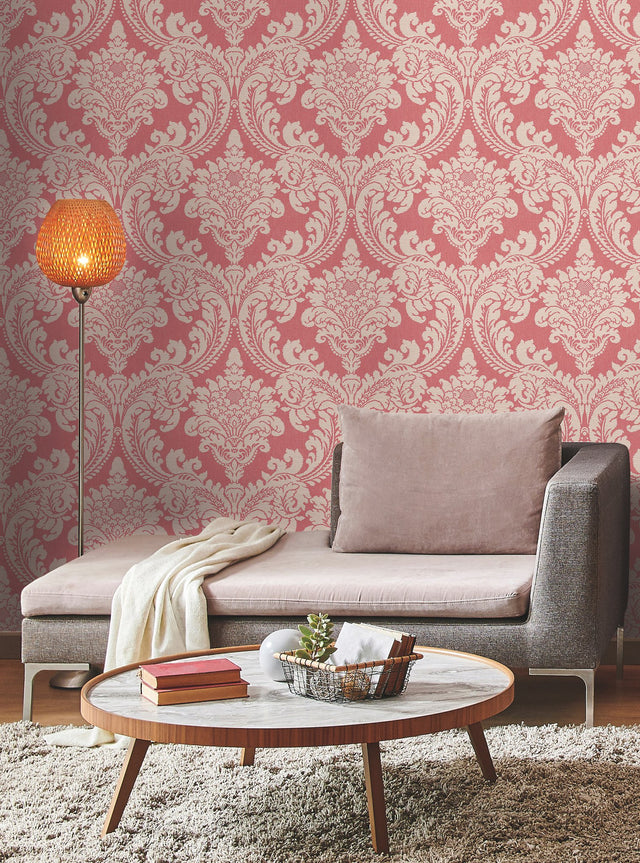 Tapestry Damask Red Wallpaper with Classic Medallion Acanthus Motif - York GR6026