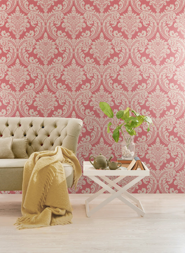 Tapestry Damask Red Wallpaper with Classic Medallion Acanthus Motif - York GR6026